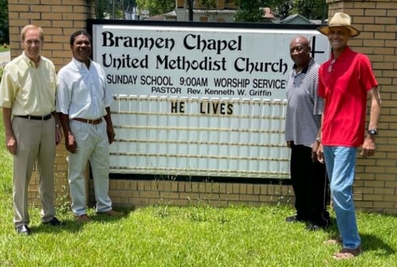 Left to right: Foundation Senior Advisor to the President and Director of Lending Jim Pope, Brannen Chapel UMC Pastor, Rev. Kenneth Griffin, and Trustees Thomas Chance and Sidney Alston.